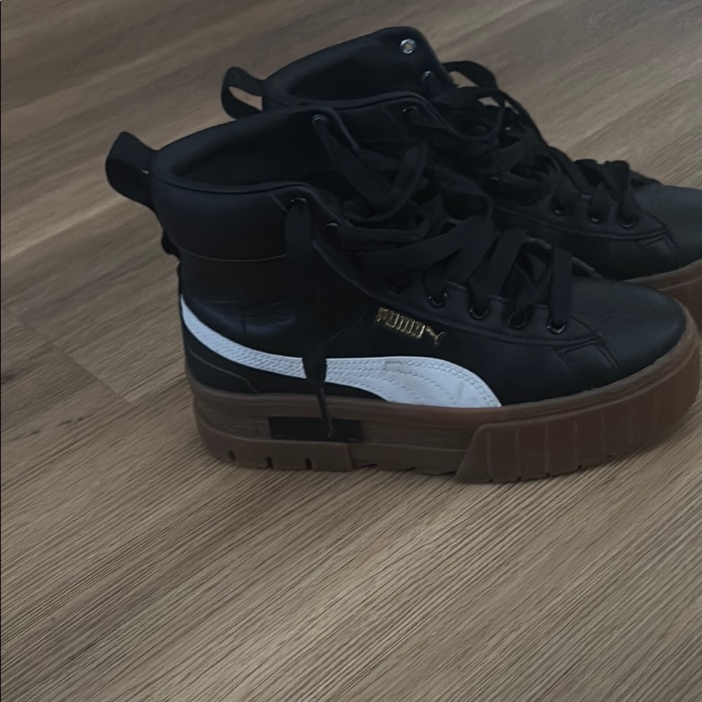 Puma Black and White High-Top Sneakers with Brown Sole